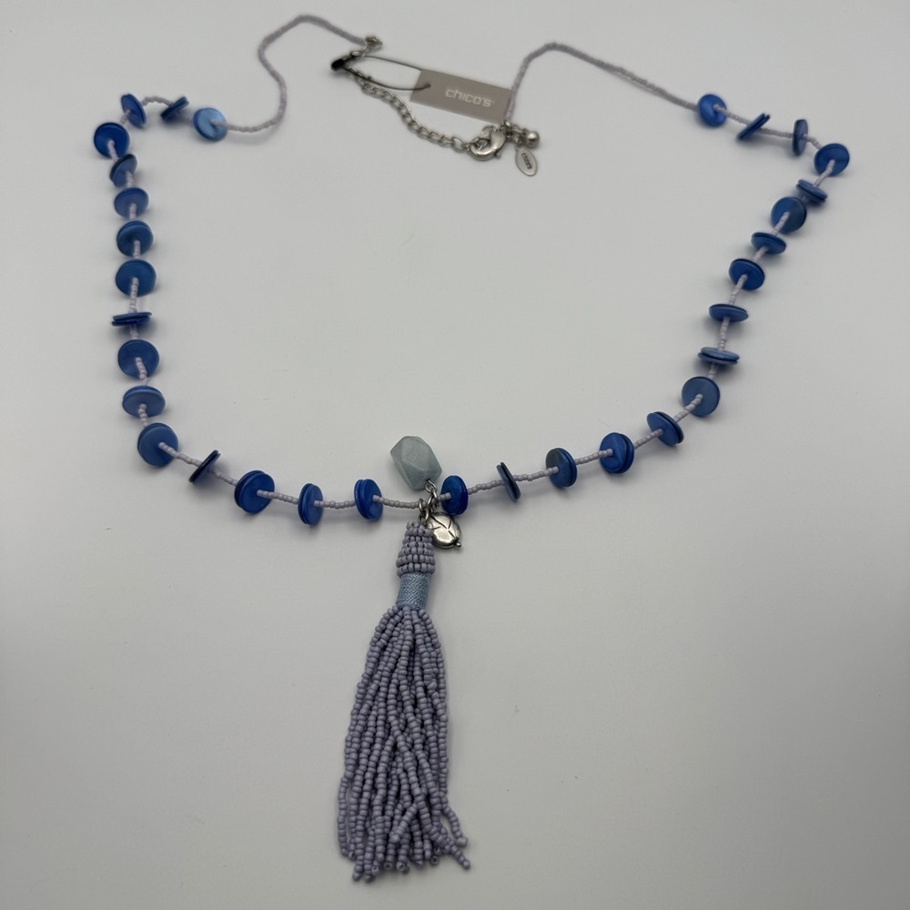 Chico’s Long Blue Beaded Tassel Necklace Adjustable 34-38”